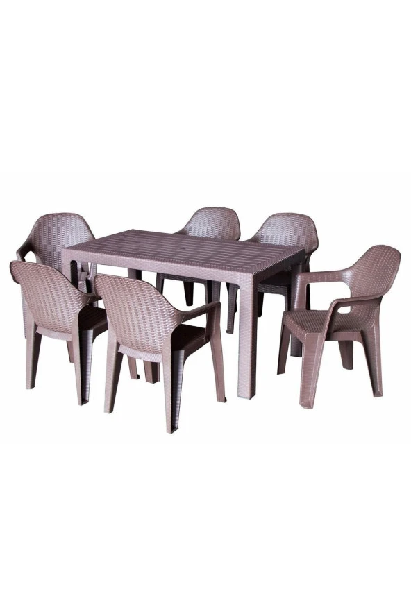 Almina 90X150 Rattan Camsız Masa 6 Koltuklu Polo Rattan Sandalye Balkon Bahçe Masa Takımı