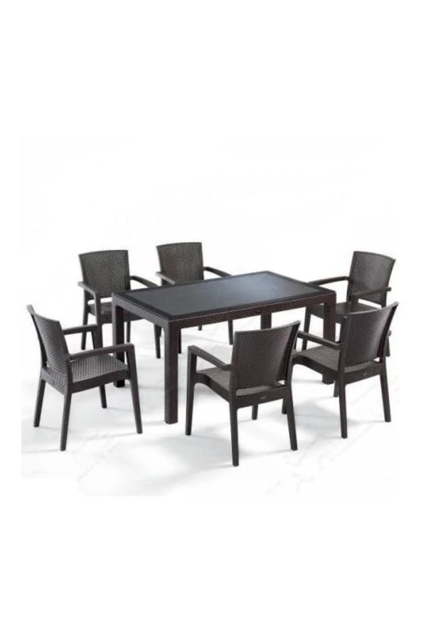 Almina Premium Rattan Masa Takımı 90X150 6'Lı Rattan Camsız Masa Takımı Kahverengi