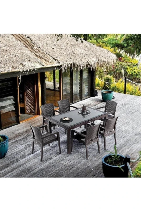 Almina İtaly Rattan Masa Takımı 6 Kişilik 90X150 Camsız Rattan Masa Takımı Bahçe Mobilyası - 2