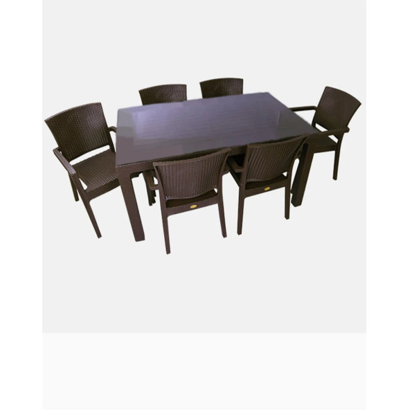 Almina Premium Rattan Masa Takımı 80X140 6'Lı Rattan Bahçe Takımı Camlı Masa Koltuk Seti Koyu Kahverengi