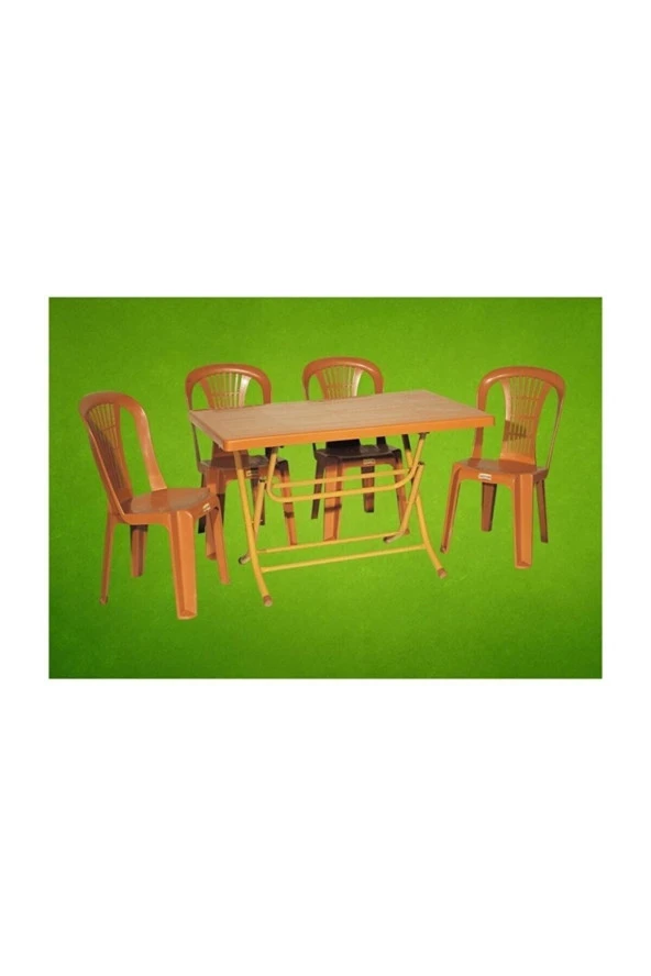 Almina Katlanır Masa Takımı Metak Ayaklı 70X120Cm Masa 4 Adet Plastik Sandalye Badem Renk