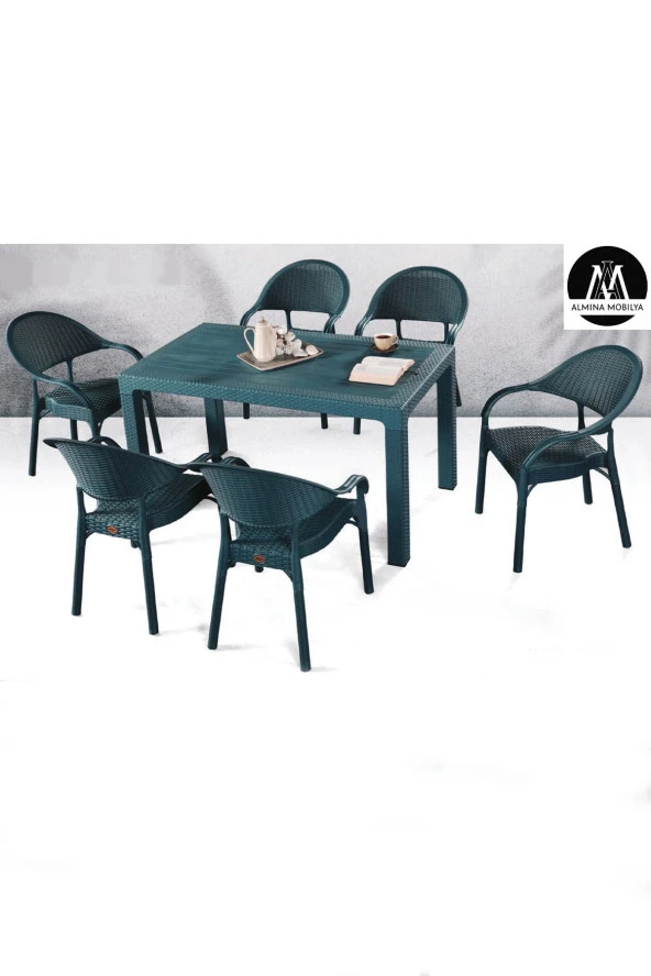 Almina İtaly Rattan Camsız 90X150 Masa Bambu 6 Adet Sandalye Masa Takımı Bahçe Balkon Teras Masa Seti
