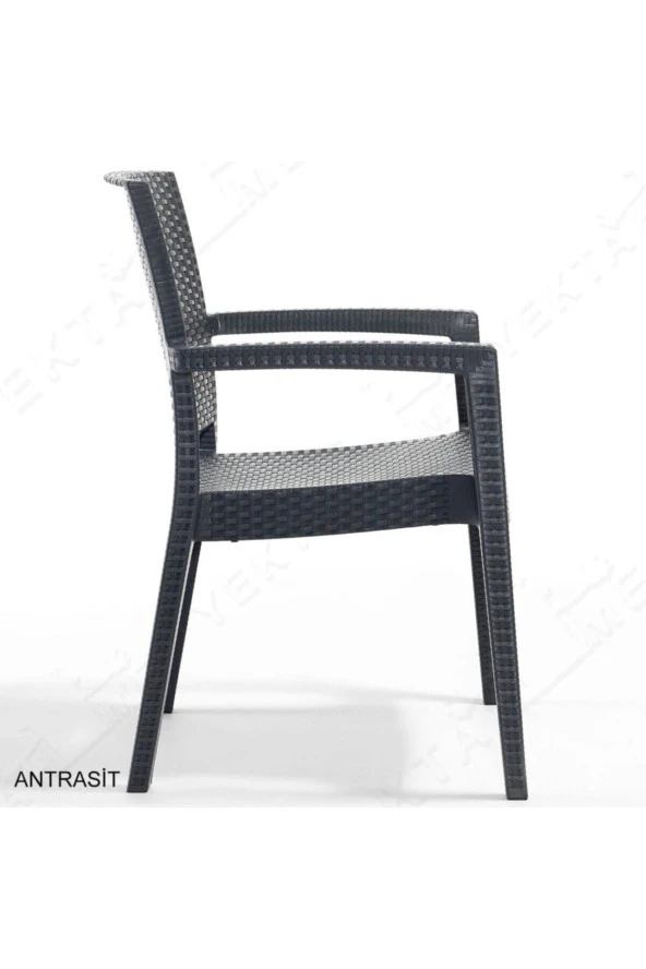 Almina İtaly Rattan Masa Takımı 90x150 Camlı Rattan Masa 6 Adet Rattan Koltuk Seti Antrasit - 5