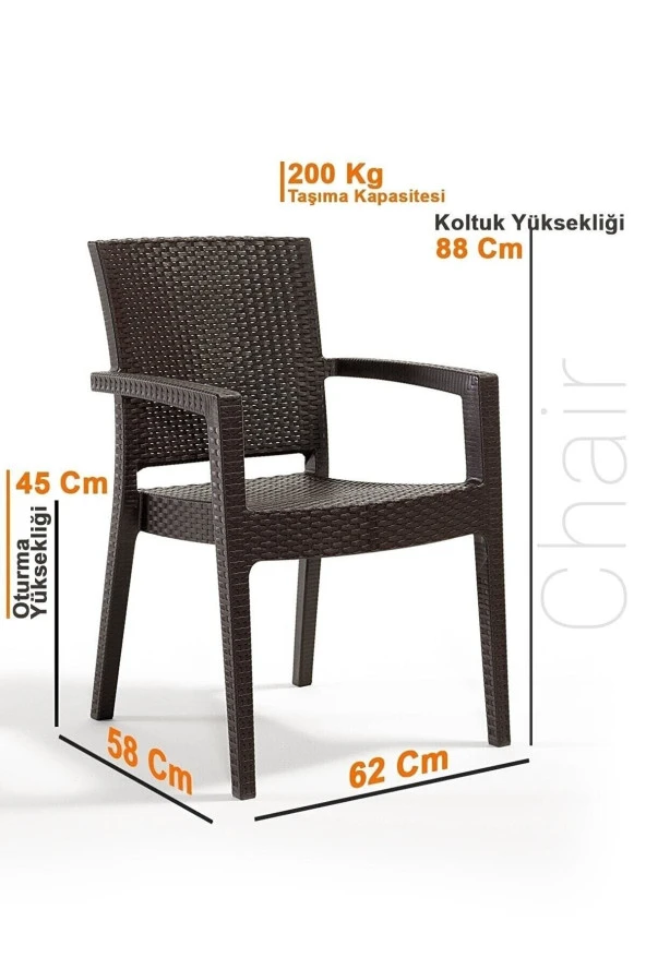 Almina Rattan Takım 90X90 Cm Trend Lüx Camlı Masa 4 Adet Kollu Sandalye Kahverengi