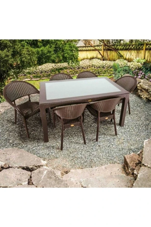 Capissi Rattan Camlı Masa Takımı 90X150 Ölçü Masa 6 Adet Bambu Rattan Koltuk