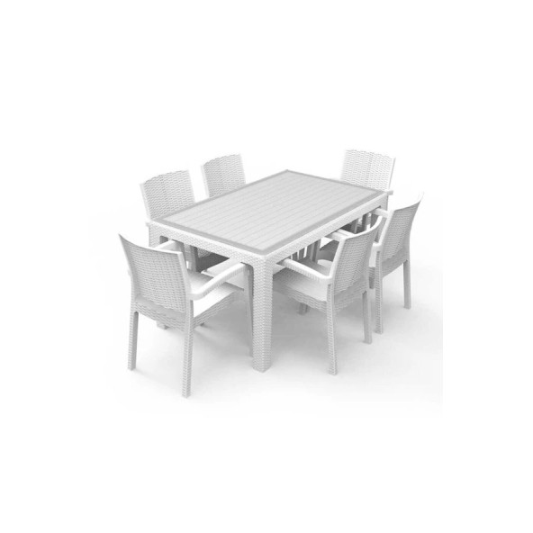 Premium Rattan Masa Takımı 80X140 Rattan Camlı Masa 6 Kişilik Sandalye Bahçe Mutfak Masa Takımı Beyaz