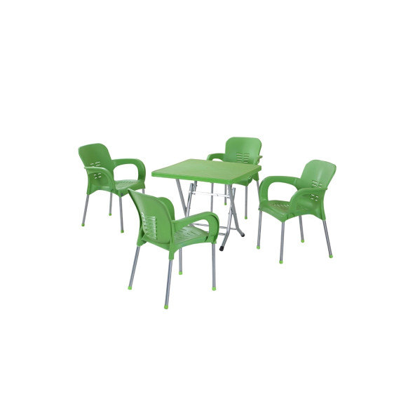 Metal Ayaklı Katlanır Masa 80X80 Cm 4 Adet Sandalye Takımı Yeşil