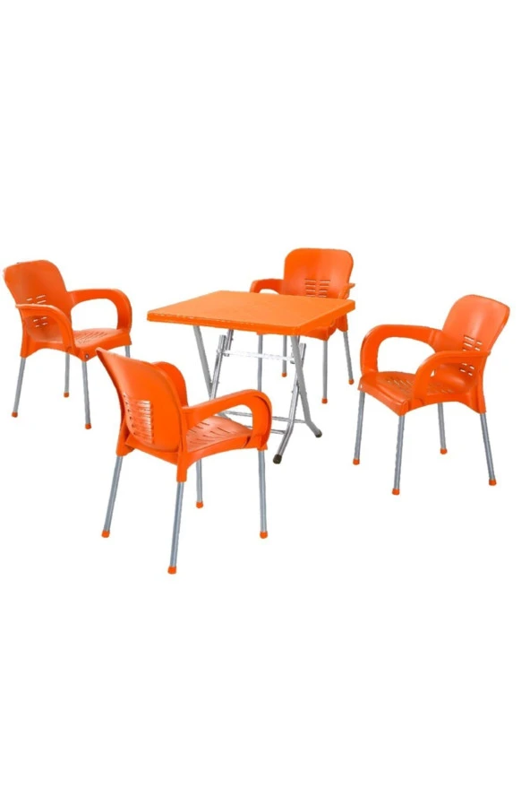 Metal Ayaklı Katlanır Masa 80X80 Cm 4 Adet Sandalye Takımı Turuncu