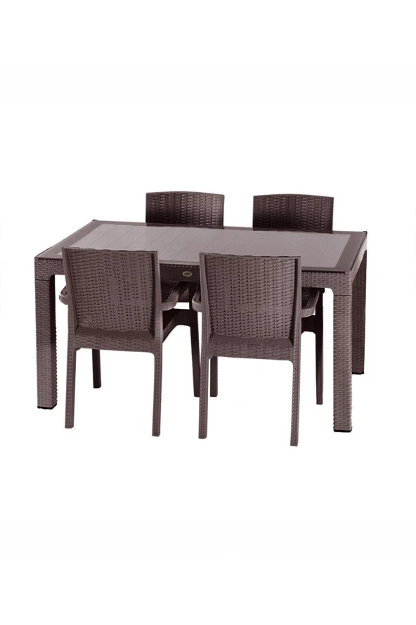 Premium Rattan Masa Takımı 90X150 4Lü Camlı Bahçe Mutfak Masa Takımı Kahve