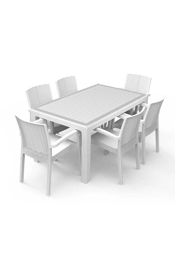 Capissi Rattan Masa Takımı 90X150 Camlı Masa 6 Kişilik Sandalye Masa Takımı