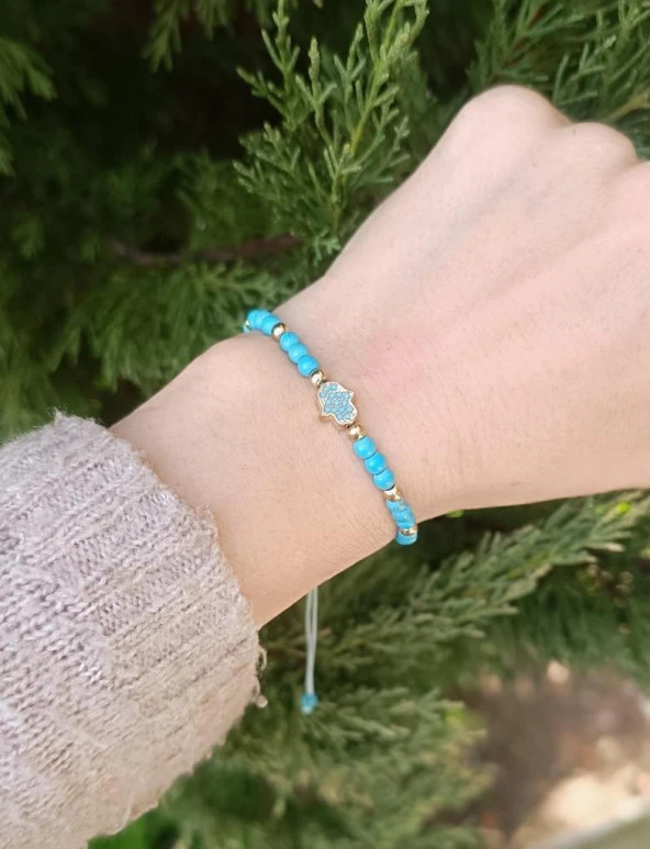 Bileklik Hz Fatıma Eli Model Dogal Taş Turkuaz Ayarlanabilir İp Bileklik Hediye Takı - Resim 3