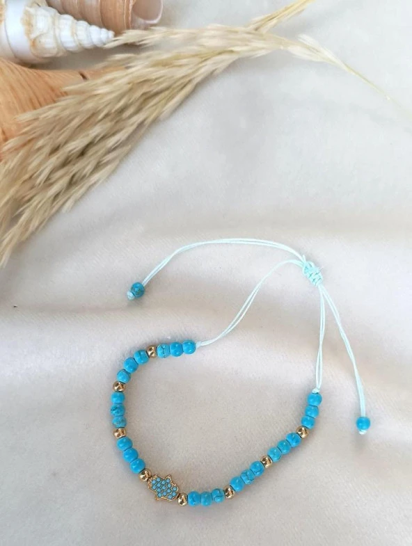 Bileklik Hz Fatıma Eli Model Dogal Taş Turkuaz Ayarlanabilir İp Bileklik Hediye Takı - Resim 4