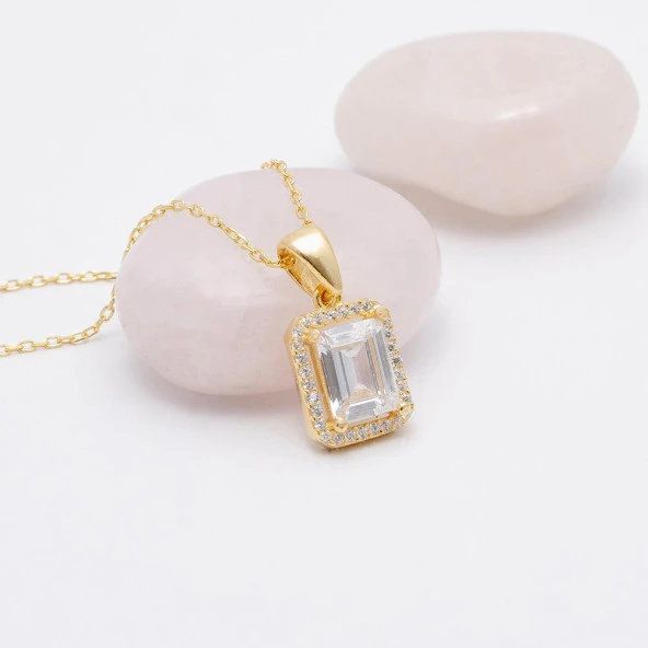 Gümüş Pazarım Dikdörtgen Kesim Altın Kaplama Baget Gümüş Kolye