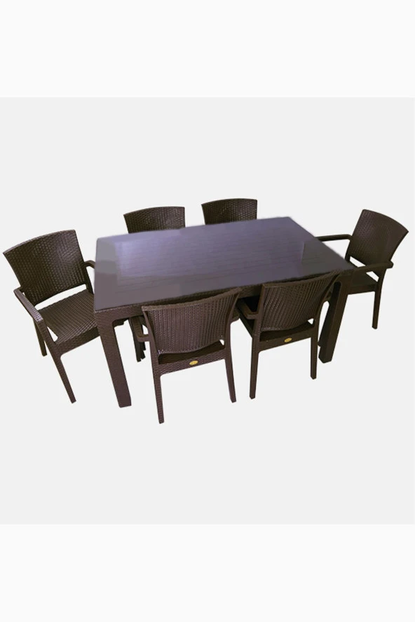 Almina Italy 80X140 Camsız Masa Takımı 6 Kişilik Rattan Desenli Bahçe Balkon Kahve Rattan Masa Takımı