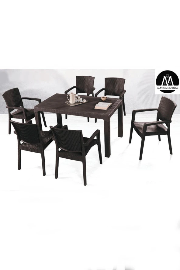 Almina Italy 90X150 Camsız Masa Takımı 6 Kişilik Rattan Desenli Bahçe Balkon Kahve Rattan Masa Takımı