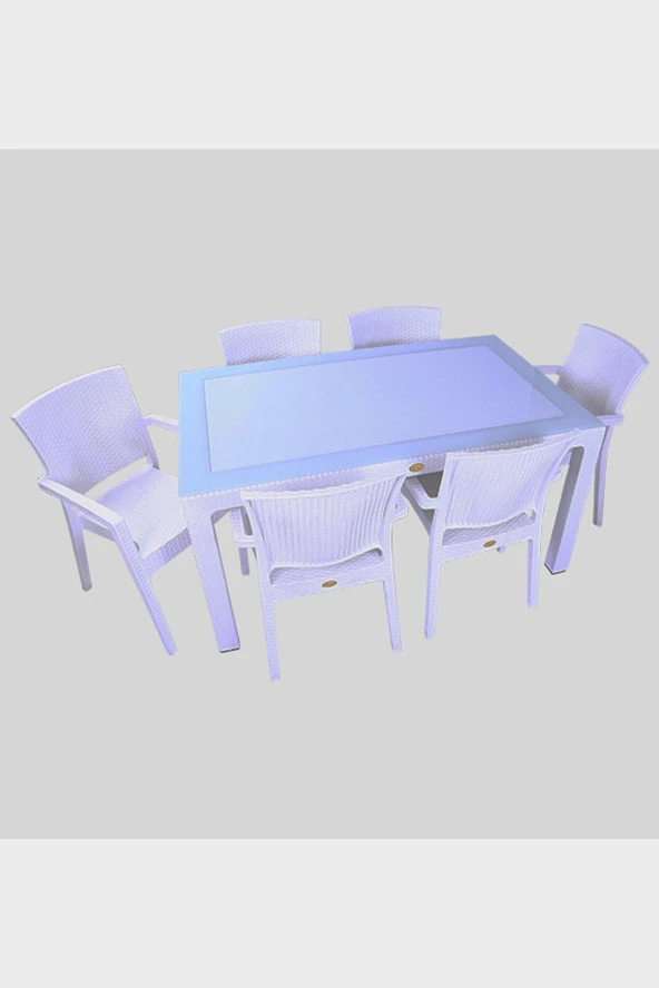 Almina Rattan 90X150 Camlı Masa Takımı 6 Kişilik Rattan Desenli Bahçe Balkon Beyaz Rattan Masa Takımı - 1
