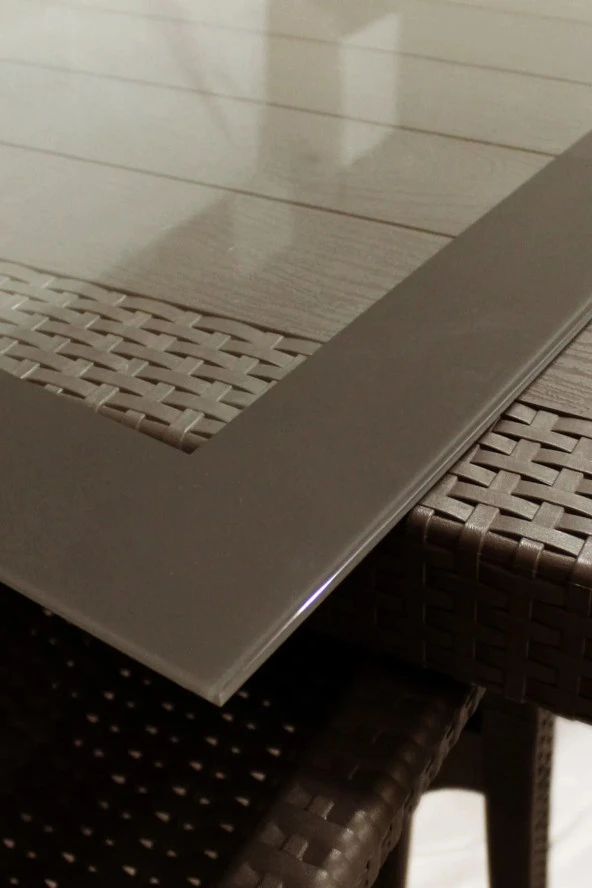 Almina Italy 90X150 Camlı Masa Takımı 6 Kişilik Rattan Desenli Bahçe Balkon Kahve Rattan Masa Takımı - 2