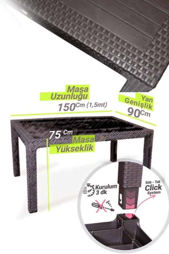 Almina Rattan 90X150 Camlı Masa Takımı 6 Kişilik Rattan Desenli Bahçe Balkon Beyaz Rattan Masa Takımı - 6