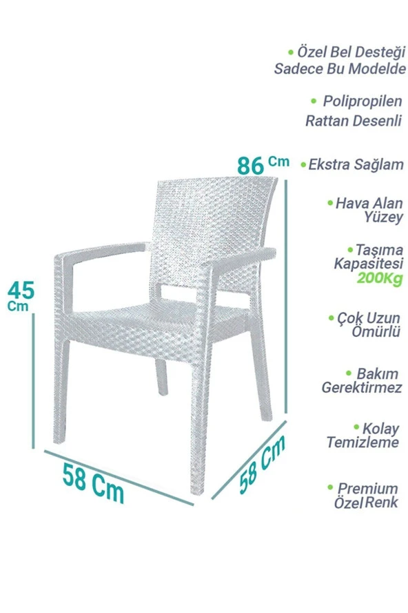 Almina Rattan 90X150 Camlı Masa Takımı 6 Kişilik Rattan Desenli Bahçe Balkon Beyaz Rattan Masa Takımı - 7