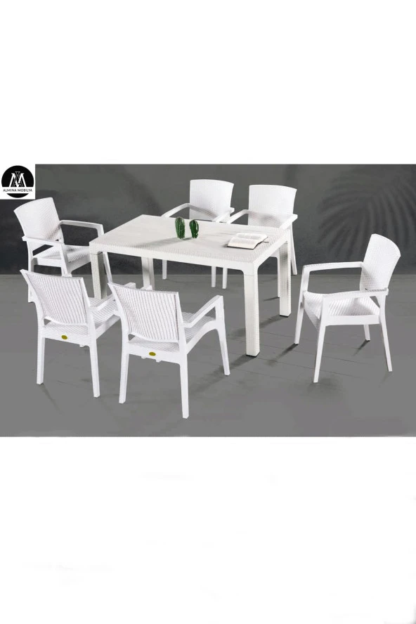 Almina Rattan 90X150 Camsız Masa Takımı 6 Kişilik Rattan Desenli Bahçe Balkon Beyaz Rattan Masa Takımı