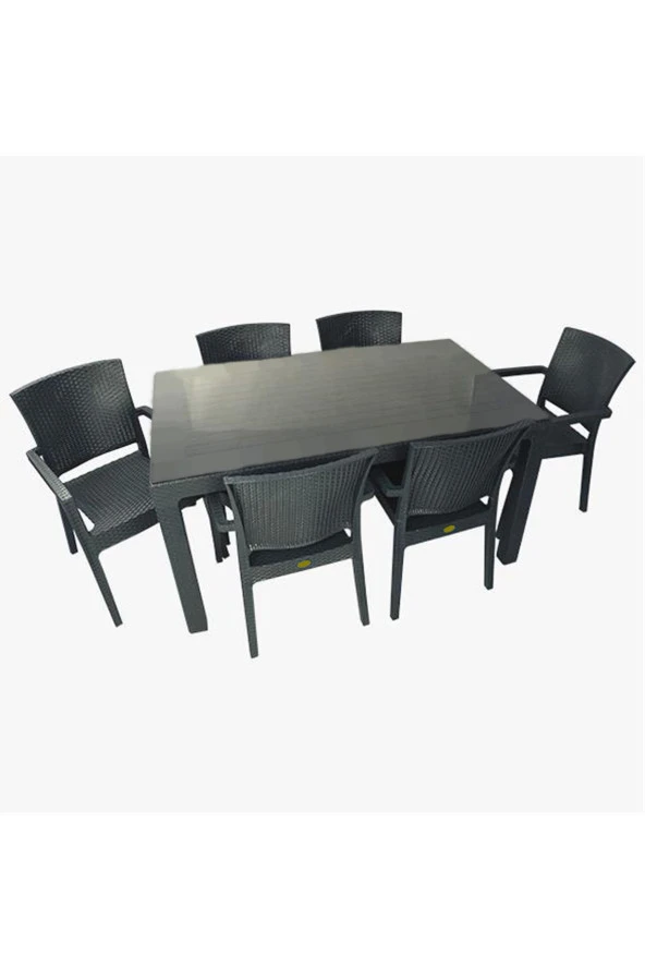 Almina Italy 80X140 Camlı Masa Takımı 6 Kişilik Rattan Desenli Bahçe Balkon Antrasit Rattan Masa Takımı