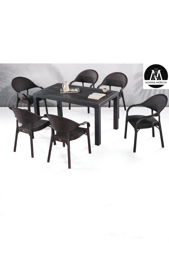 Almina Bambu Pro Rattan Camsız 80X140Cm Masa 6 Kişilik Sandalye Takımı Bahçe Balkon Teras Seti Kahverengi