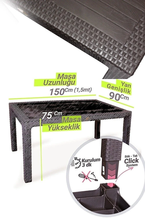 Almina Bambu Pro 90X150Cm Rattan Bahçe Balkon Masa Takımı 6 Kişilik Camsız Set Antrasit - 6