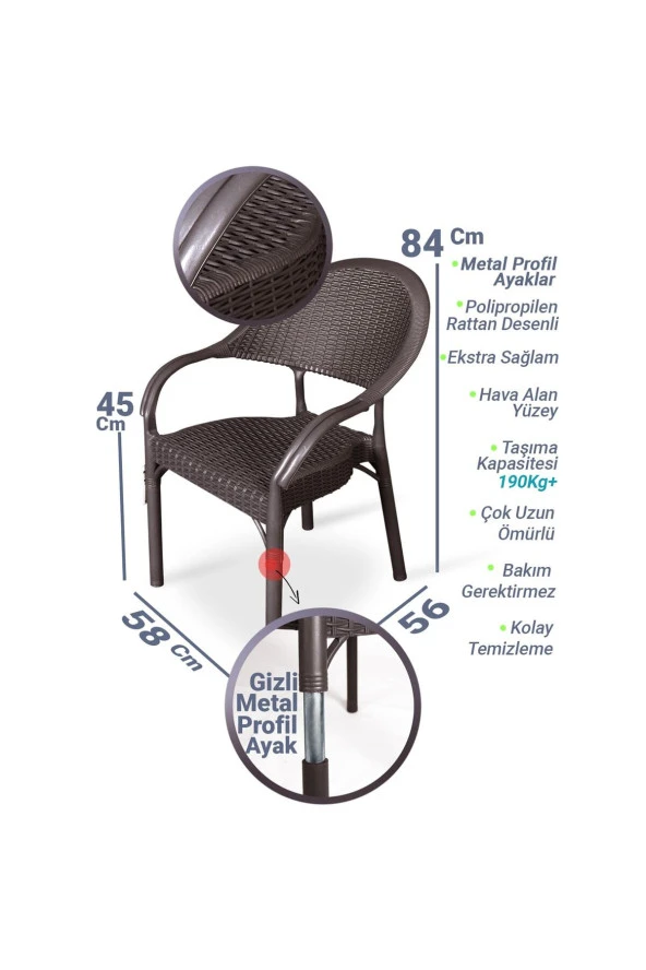 Almina Bambu Pro Rattan Camsız 80X140Cm Masa 6 Kişilik Sandalye Takımı Bahçe Balkon Teras Seti Kahverengi - 6