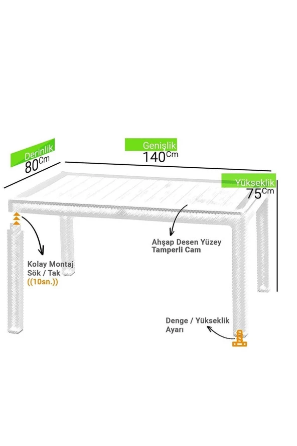 Almina Bambu Pro Rattan Camsız 80X140Cm Masa 6 Kişilik Sandalye Takımı Bahçe Balkon Teras Seti Kahverengi - 7
