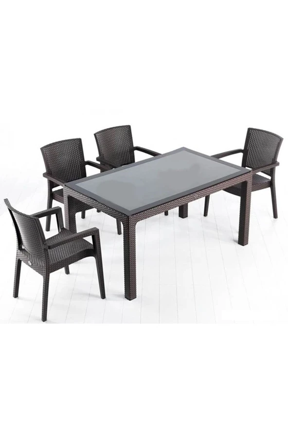 Almina Italy Pro 70X100Cm Rattan Bahçe Balkon Masa Takımı 4 Kişilik Camsız Set Kahverengi