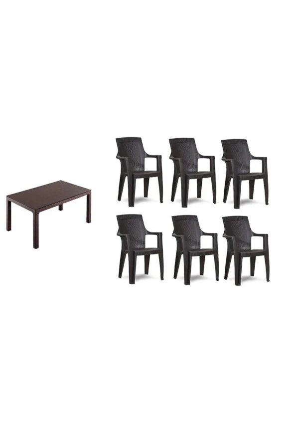 Almina Italy Pro Rattan 80X140 Cm Masa 6 Adet Gold Sandalye Mobilya Acı Kahve