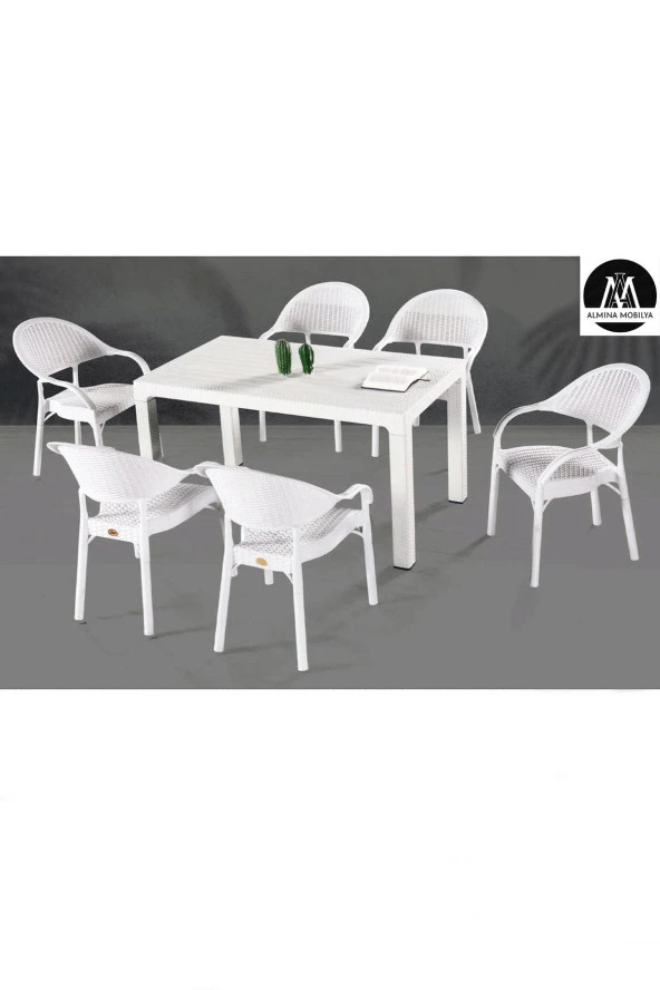 Almina Bambu Pro Rattan Camsız 80X140Cm Masa 6 Kişilik Sandalye Takımı Bahçe Balkon Teras Seti Beyaz