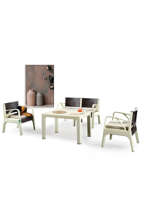 Almina Lyon Rattan Oturma Grubu 2+1+1 +Masa Rattan Bahçe Balkon Mobilyası Kapuçino Renk