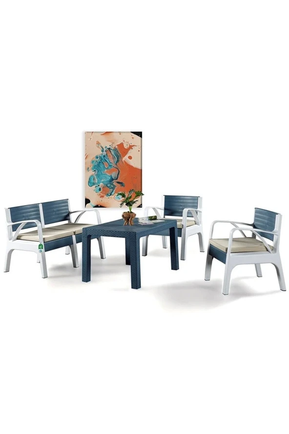 Almina Lyon Rattan Oturma Grubu 2+1+1 +Masa Rattan Bahçe Balkon Mobilyası Beyaz Renk