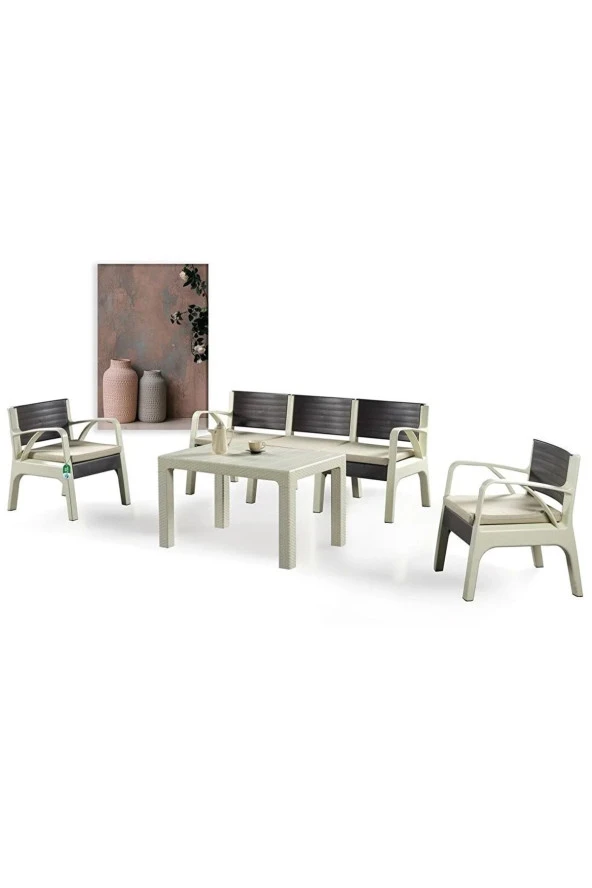 Almina Lyon Rattan Oturma Grubu 3+1+1 +Masa Rattan Bahçe Balkon Mobilyası Kapuçino Renk