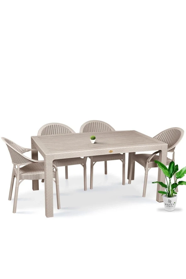 Almina Bambu Pro Rattan 80X140Cm 4'Lü Bahçe Balkon Masa Takımı 4 Kişilik Camsız Set Cappuccino