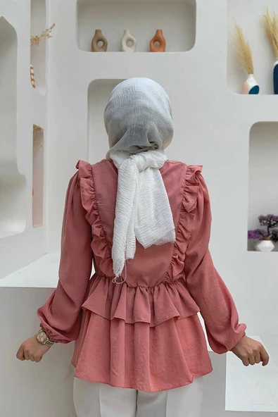 Fırfır Detay Bel Lastikli Kat Görünümlü Bluz 5207 Pudra - 3