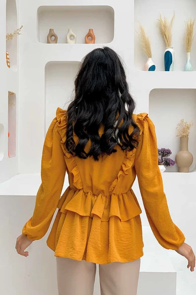 Fırfır Detay Bel Lastikli Kat Görünümlü Bluz 5207 Hardal - 3