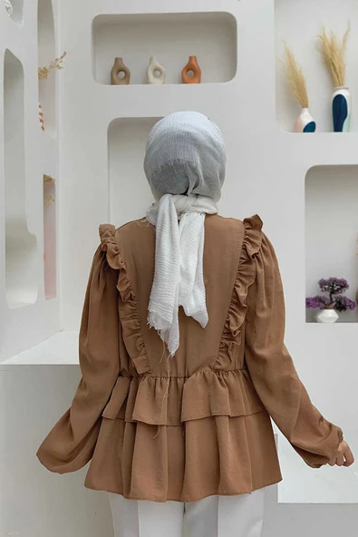 Fırfır Detay Bel Lastikli Kat Görünümlü Bluz 5207 Taba - 4
