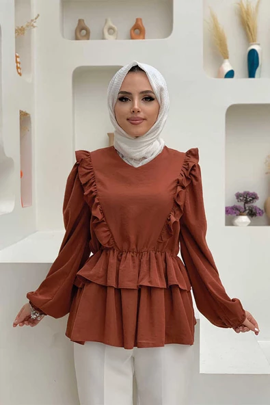 Fırfır Detay Bel Lastikli Kat Görünümlü Bluz 5207 Kahverengi