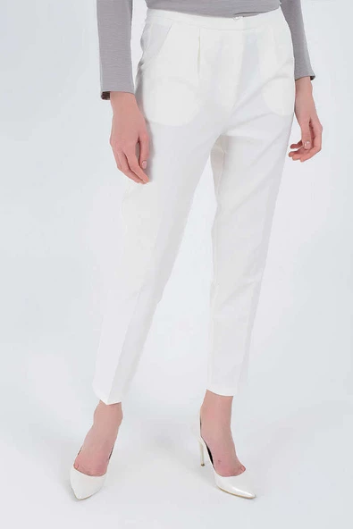 Fermuarlı Cep Detaylı Kalem Pantolon 0201 Ekru - 3