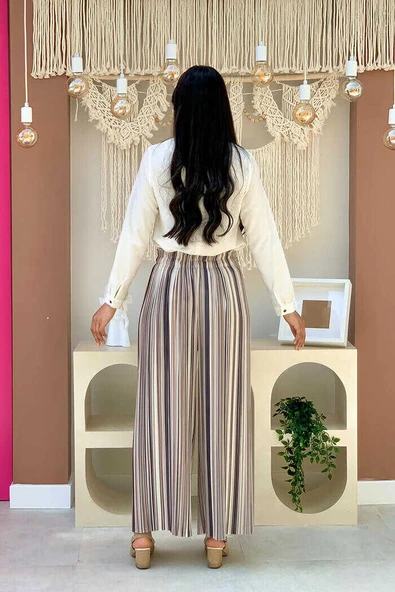 Bel Lastikli Renkli Çizgi Desenli Pantolon 0204 Taş - Resim 4