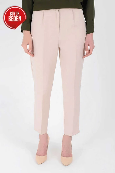 Büyük Beden Fermuarlı Cep Detaylı Kalem Pantolon 0201-1 Taş