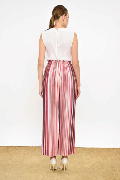 Bel Lastikli Renkli Çizgi Desenli Pantolon 0204 Pudra - Resim 4