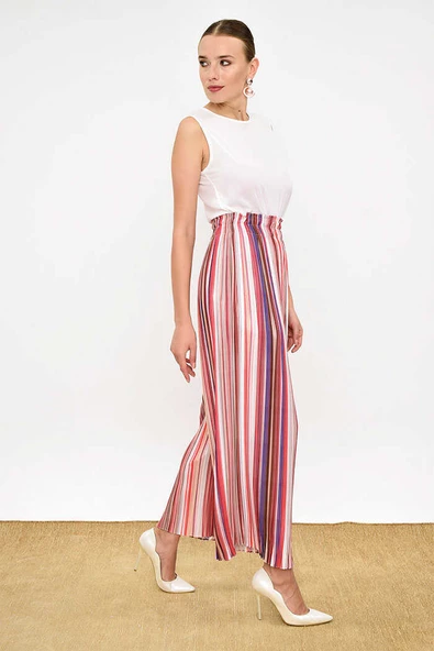 Bel Lastikli Renkli Çizgi Desenli Pantolon 0204 Pudra - Resim 2