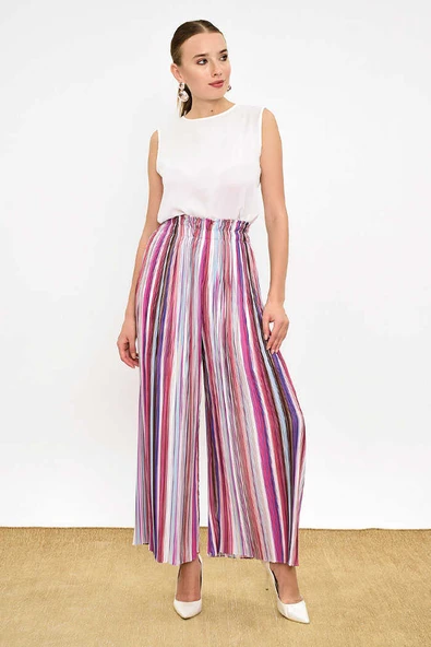 Bel Lastikli Renkli Çizgi Desenli Pantolon 0204 Fuşya - Resim 7