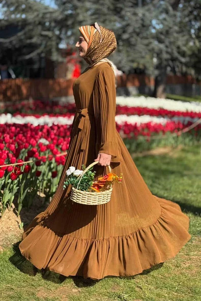 Piliseli Fırfır Görünümlü Astarlı Şifon Elbise 3404 Taba - 2