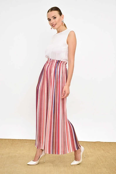 Bel Lastikli Renkli Çizgi Desenli Pantolon 0204 Pudra - Resim 7