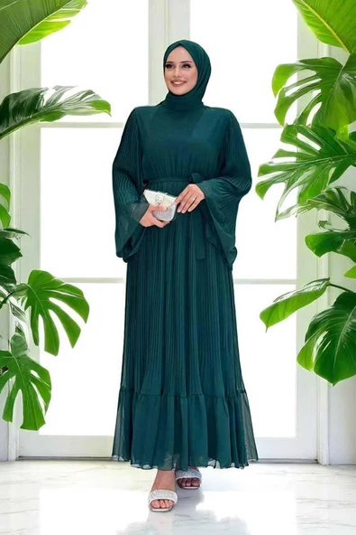 Piliseli Fırfır Görünümlü Astarlı Şifon Elbise 3404 Zümrüt - 3