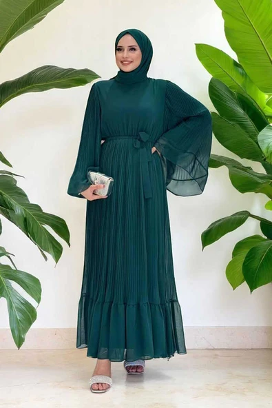 Piliseli Fırfır Görünümlü Astarlı Şifon Elbise 3404 Zümrüt - 2